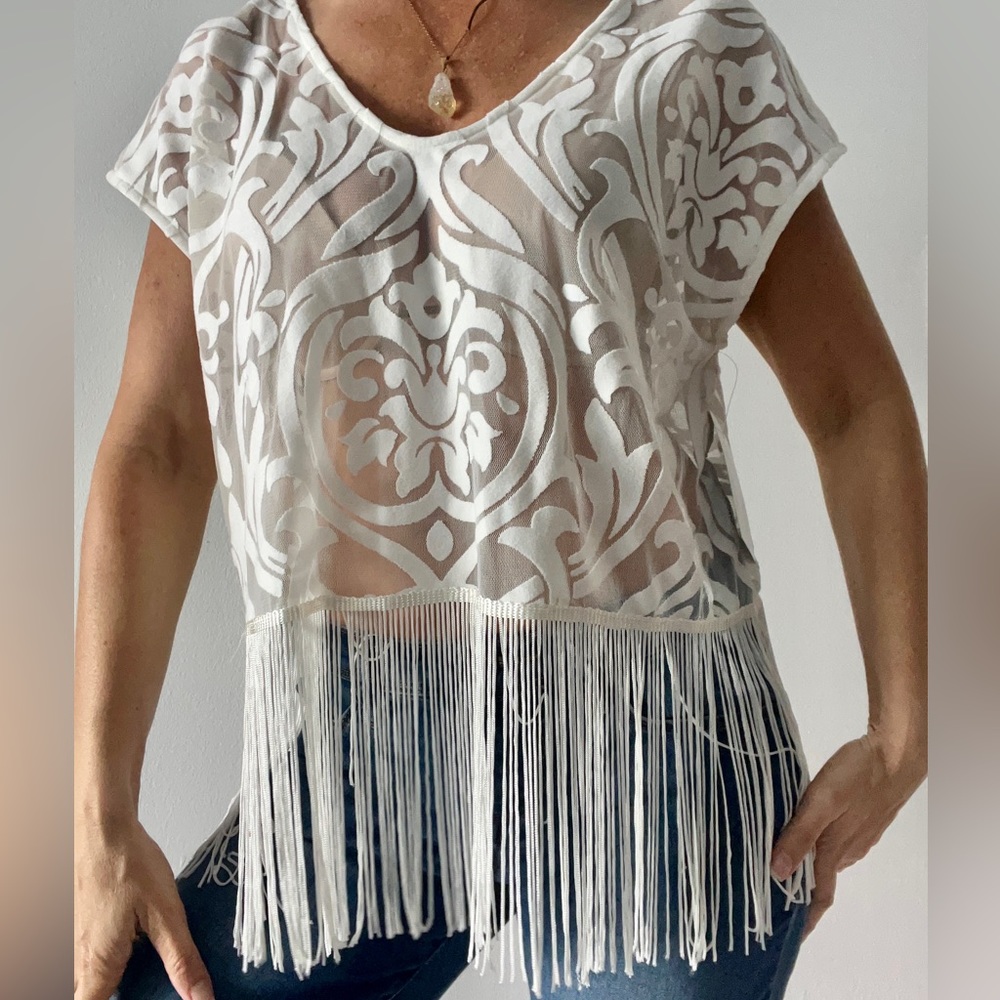 Fringe Flocked Mesh White Top